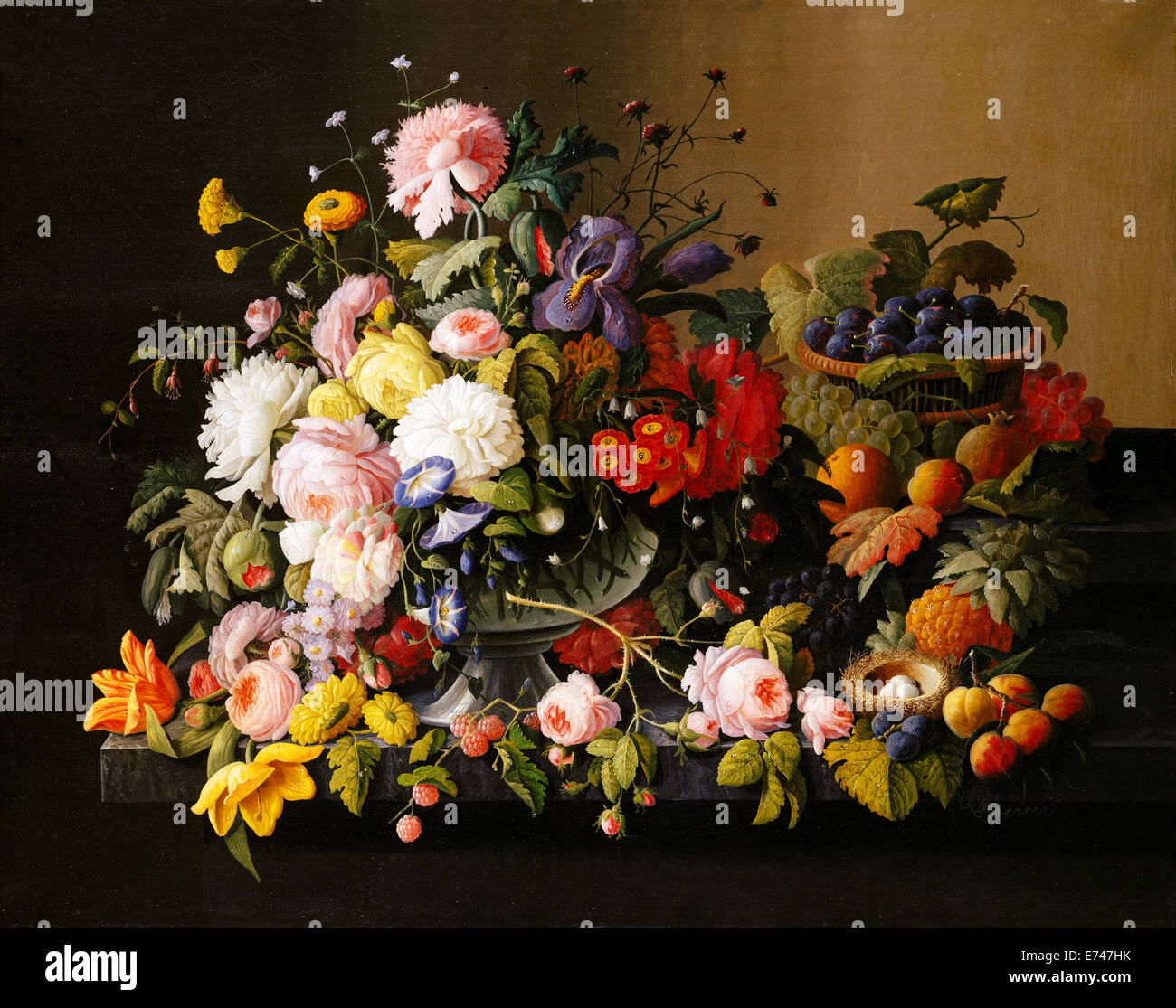 Stilleben-Blumen und Früchte - von Severin Roesen, 1850 Stockfoto