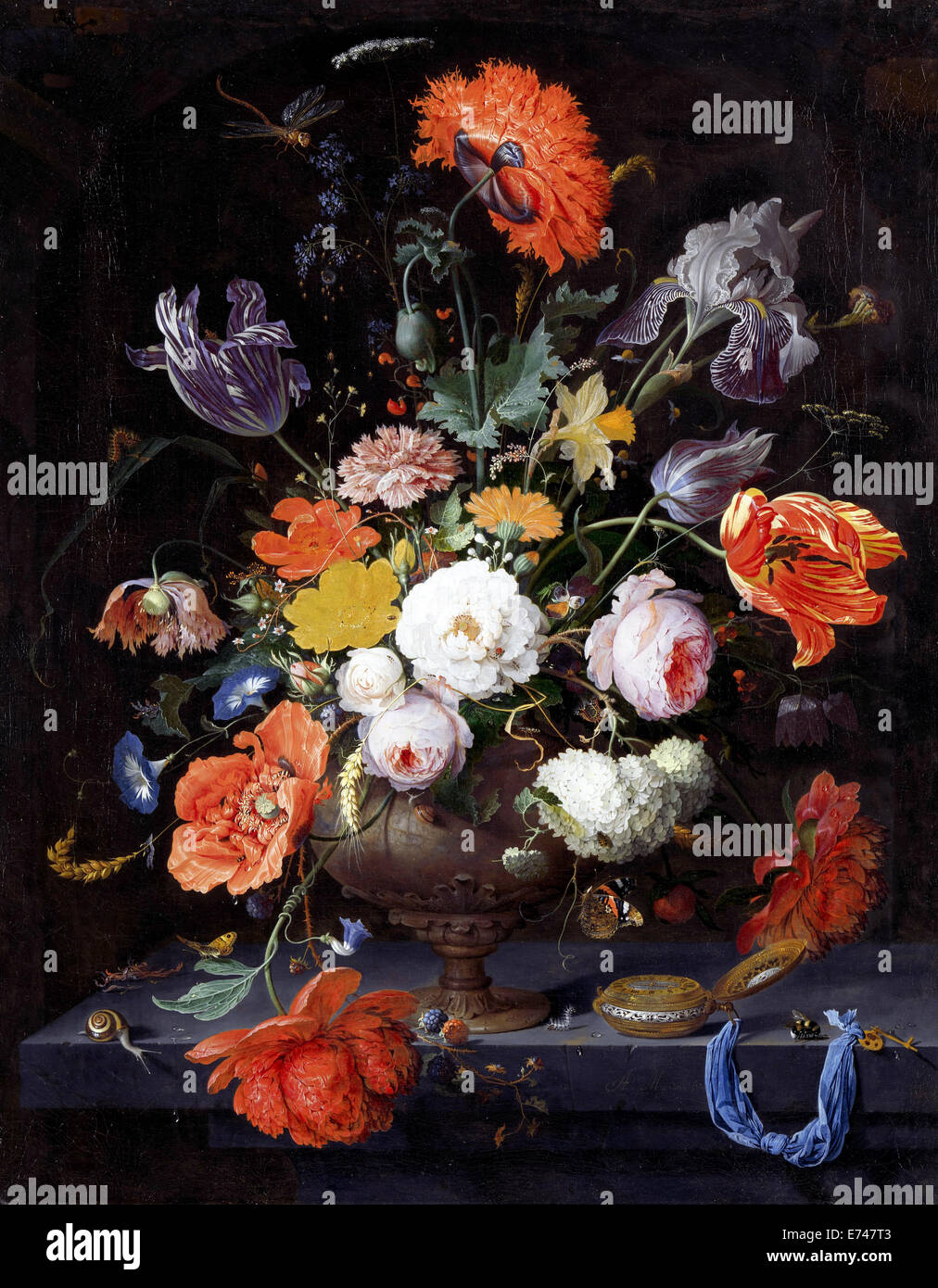 Stillleben mit Blumen und einer Uhr - von Abraham Mignon, 1660-1679 Stockfoto