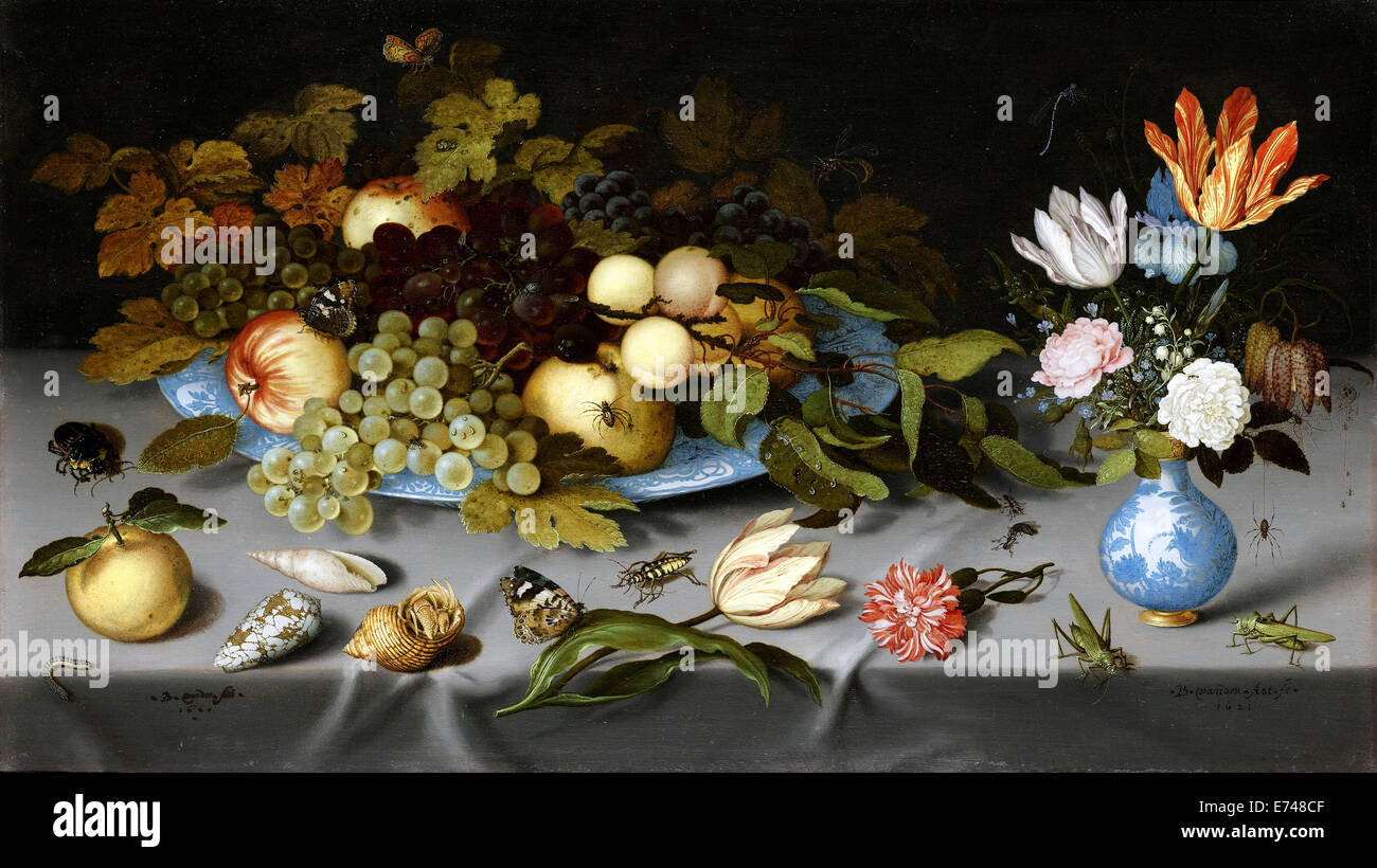 Stillleben mit Früchten und Blumen - von Balthasar van der Ast, 1620-1621 Stockfoto