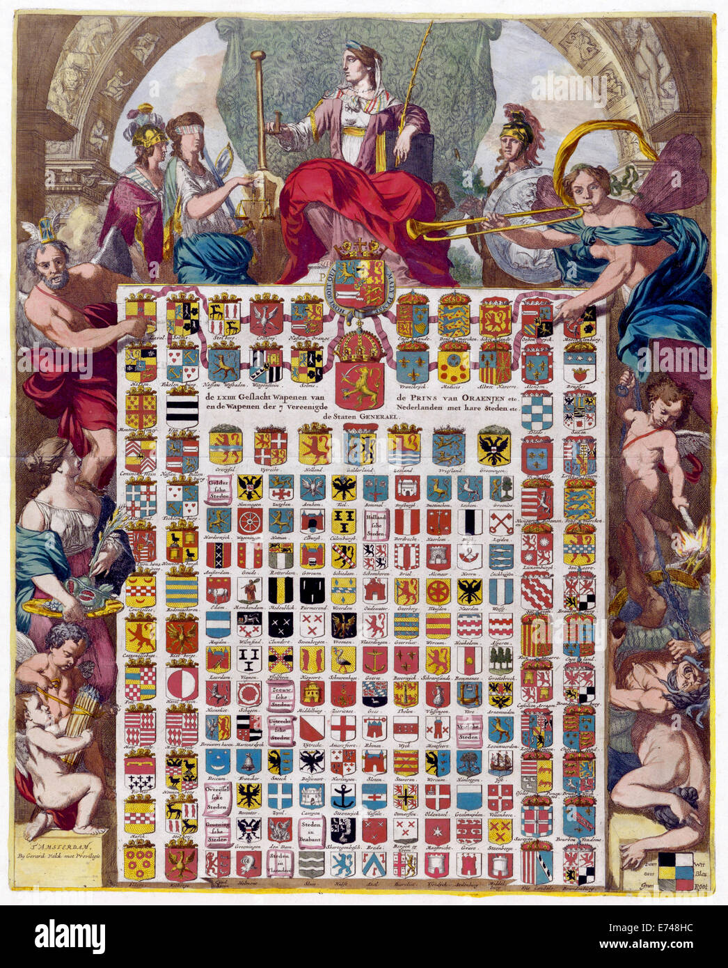 Die 63 Wappen Prinz William III in einem allegorischen Rahmen, 1672, Gerard Valck, 1672 Stockfoto