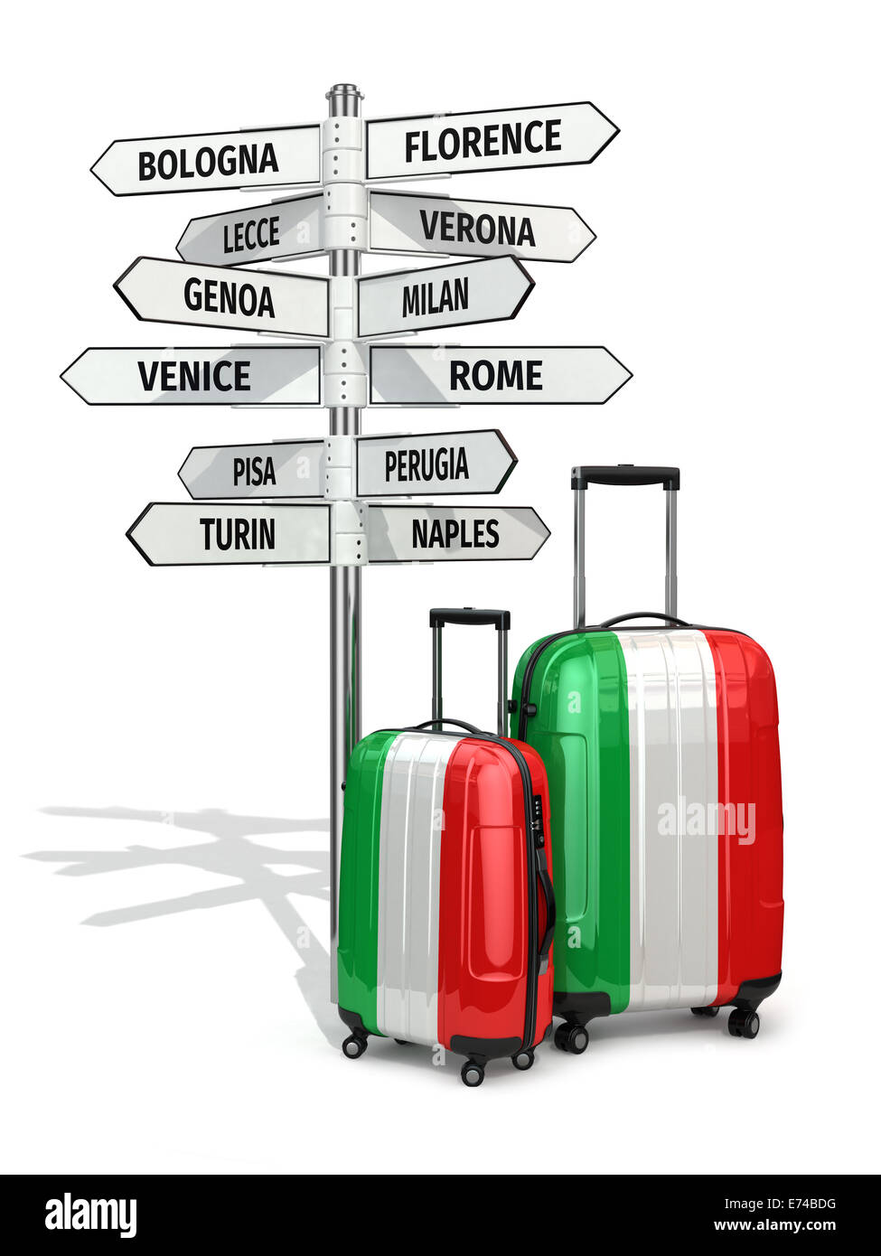 Reisekonzept. Koffer und Wegweiser was in Italien zu besuchen. 3D Stockfoto