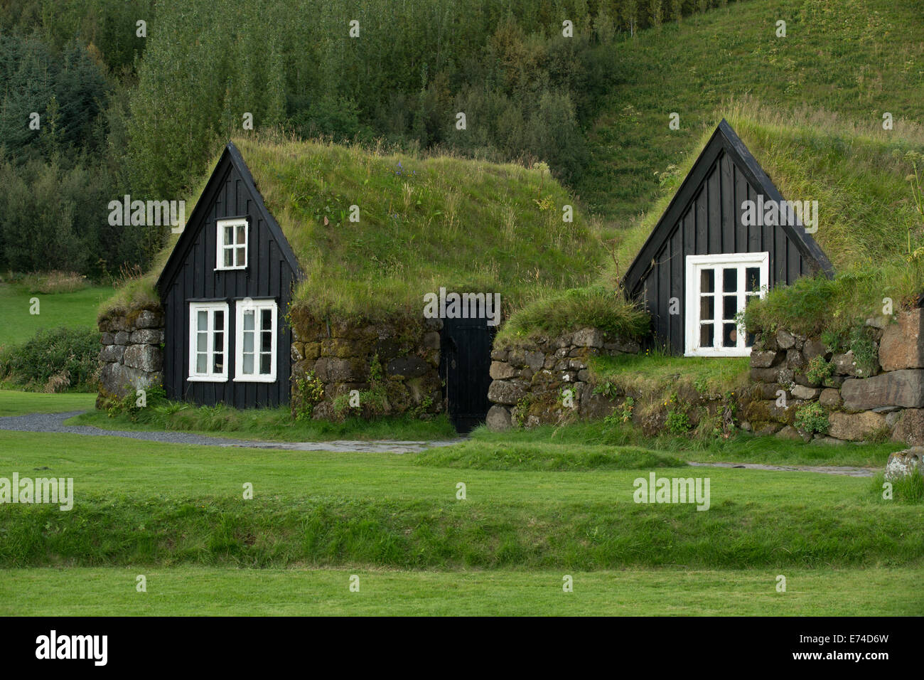 Traditioneller isländischer Häuser mit grünen Dächern. Stockfoto
