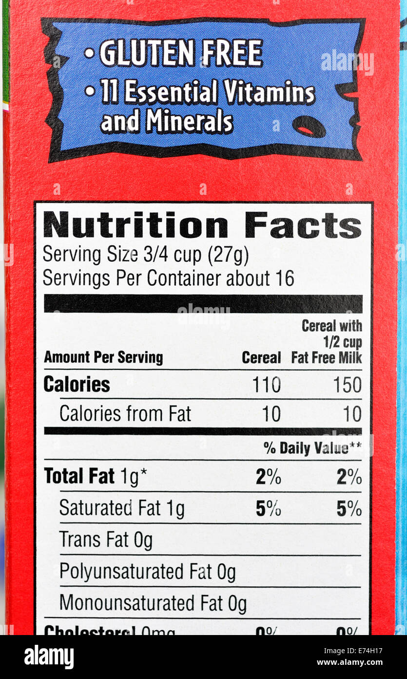 Nährwertangaben auf Lebensmittel-Paket Stockfoto