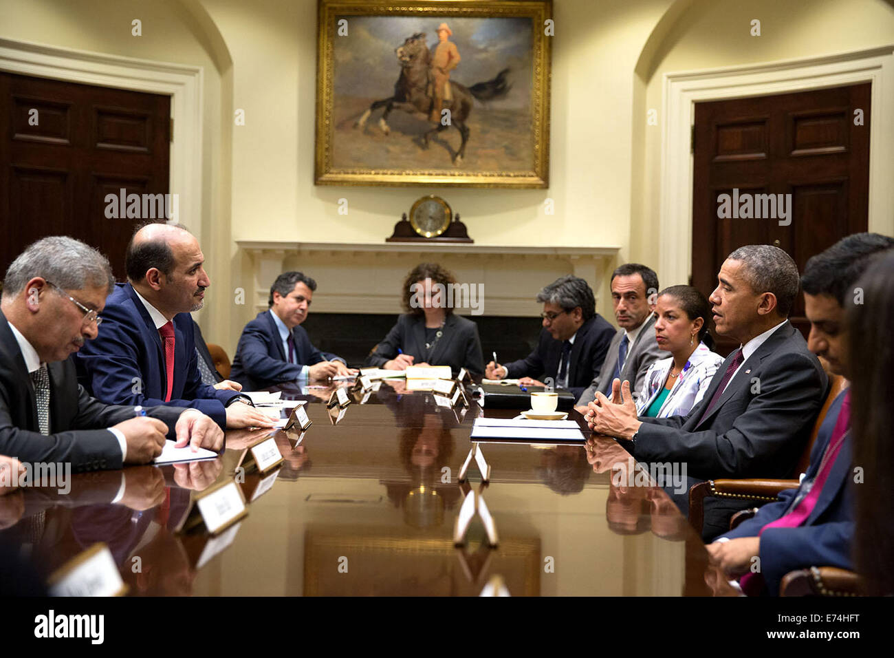 Obama und National Security Advisor Susan Rice Treffen mit syrischen Opposition Koalition Präsidenten Ahmad Jarba, zweiter von links Stockfoto