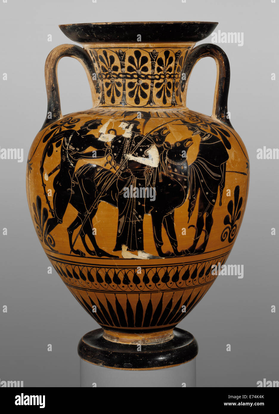 Attische schwarzfigurige Hals Amphora; Leagros-Gruppe, griechische (Dachgeschoss), aktive 525-500 v. Chr. zugeschrieben; Athen, Griechenland Stockfoto