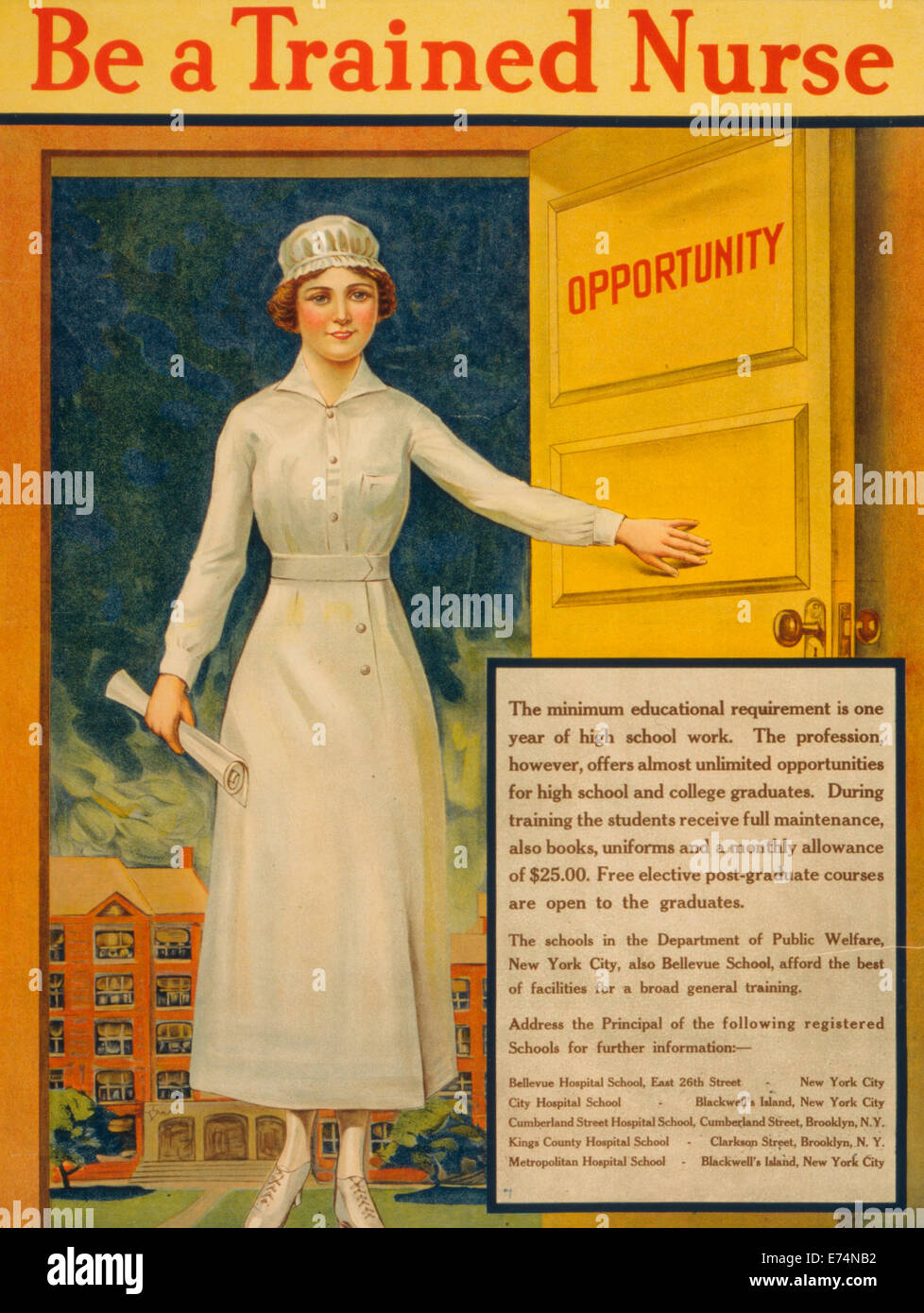 Eine ausgebildete Krankenschwester - markiert Recruiting Poster zeigt eine Frau in einer weißen Uniform Öffnen einer Tür "Chance." Ca. 1917 Stockfoto
