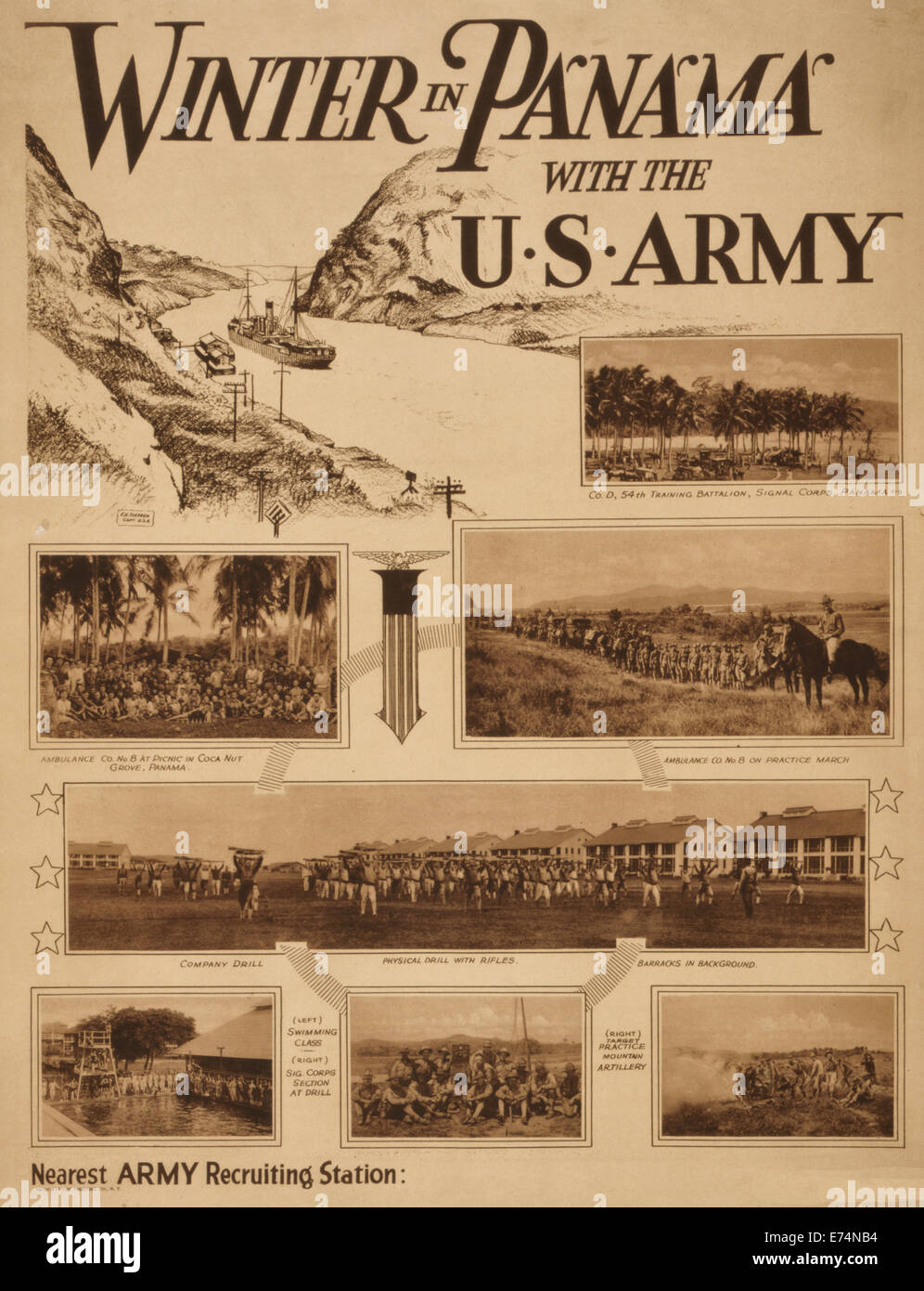 Winter in Panama mit der US-Armee - Zusammenfassung: US Army recruiting Poster mit Zeichnung von E.H. Sleeper, U.S.A., Kapitän eines Schiffes in den Panama-Kanal und mehrere Abbildungen von Übungen in Panama, ca. 1917 Stockfoto