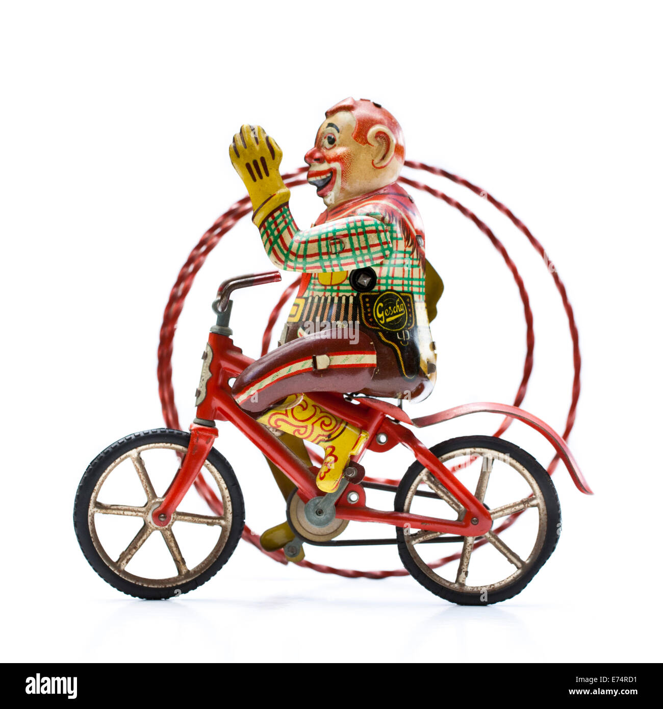 Seltene vierziger Jahre Deutsch (uns Zone) Weißblech Aufzieh Clown Spielzeug mit Lasso, gemacht von Gescha Stockfoto