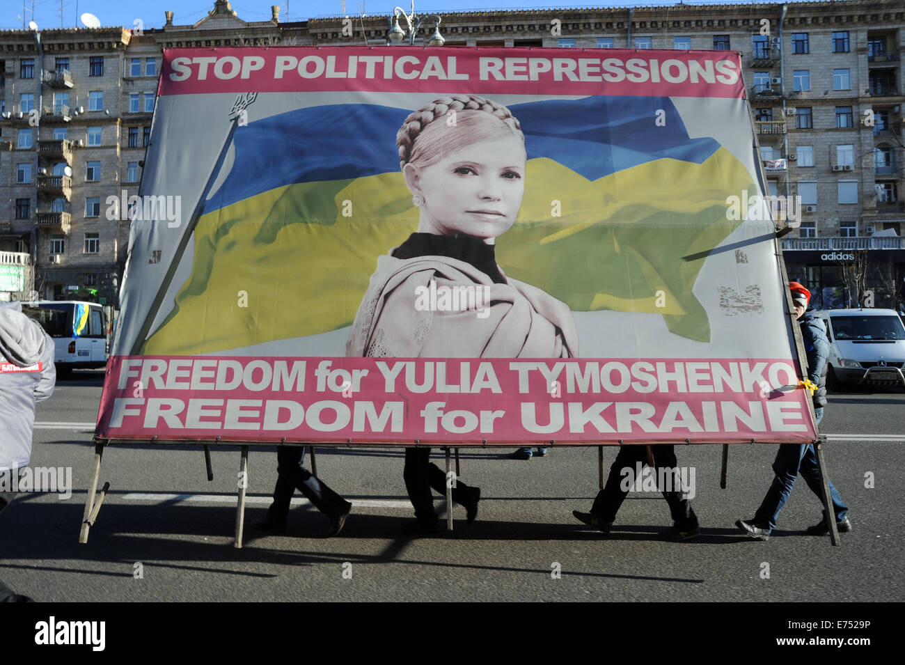 Ukrainische Demonstranten tragen einen Banner fordern die Freilassung von Yulia Tymoshenko während der Maidan-Proteste im Dezember 2013. Stockfoto