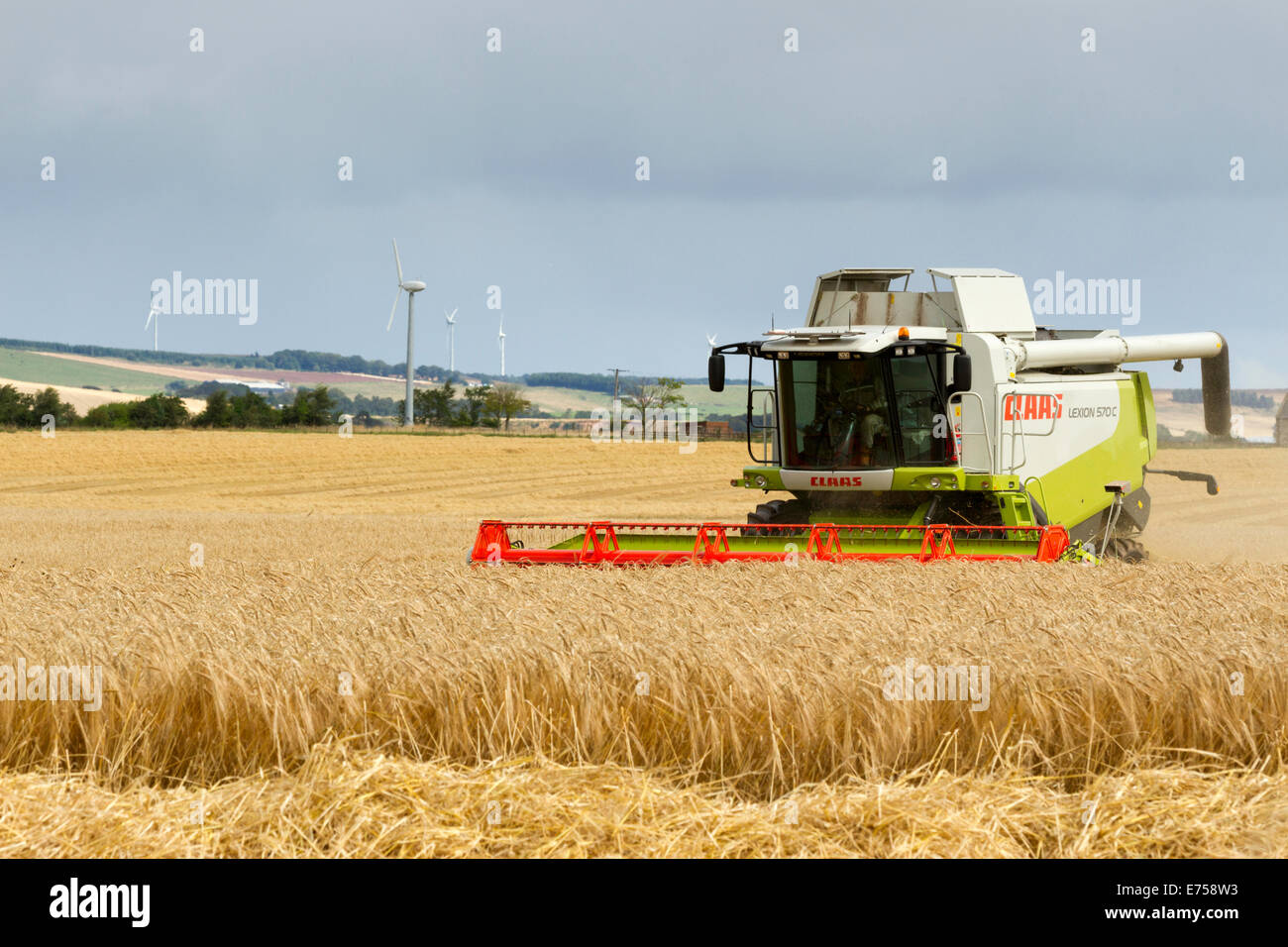 CLAAS Mähdrescher ernten Gerste mit Windkraftanlagen im Hintergrund Stockfoto
