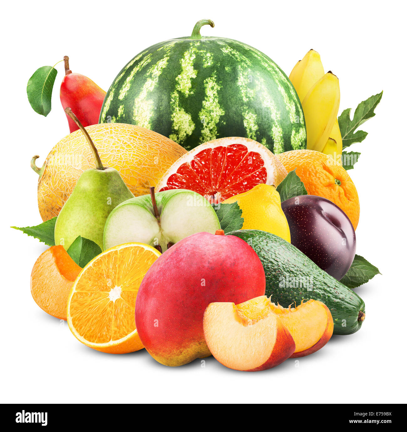 Auswahl an exotischen Früchten isoliert auf weiss. Clipping-Pfad Stockfoto