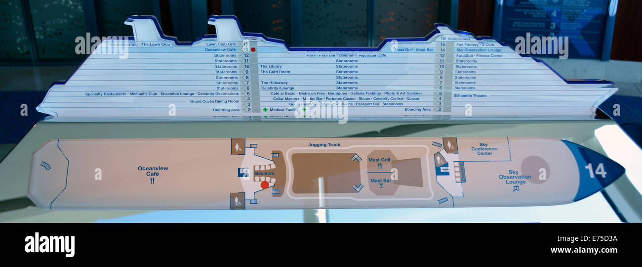 Schematischer Plan und Höhe Blick auf Kreuzfahrtschiff deck Layout und Einrichtungen außerhalb der Aufzugstür auf Deck 14 auf See im Mittelmeer Stockfoto