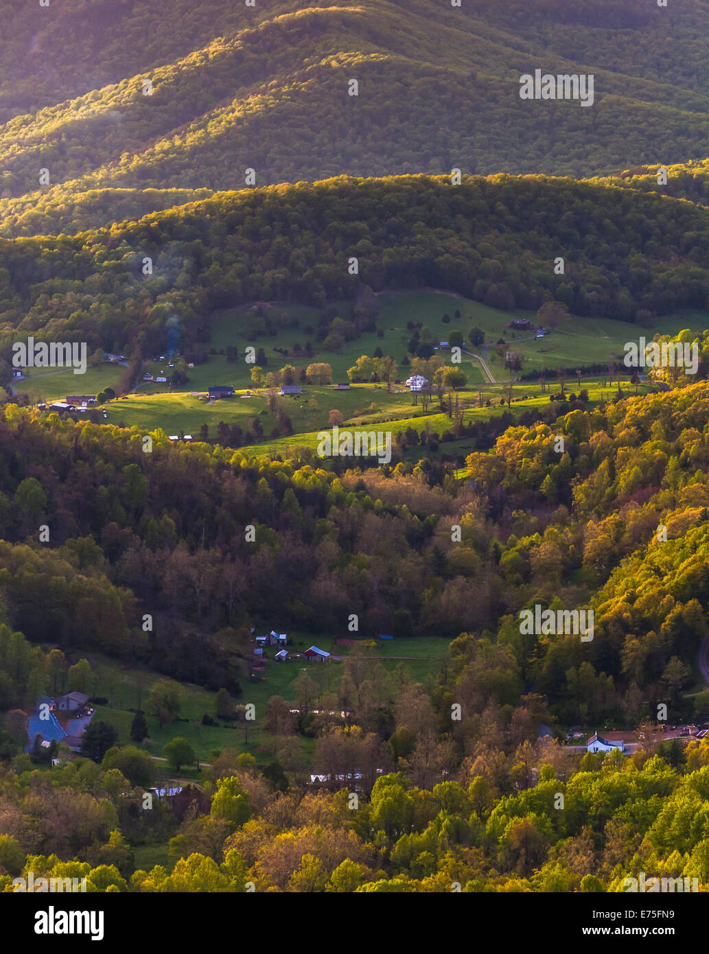 Farmen und Häuser im Shenandoah Valley, gesehen vom Skyline Drive im Shenandoah-Nationalpark, Virginia. Stockfoto