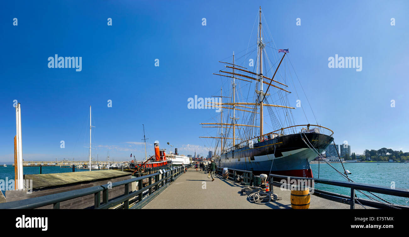 "Balclutha", ein drei Masten Segelschiff an der Hyde Street Pier, San Francisco, Kalifornien, USA Stockfoto
