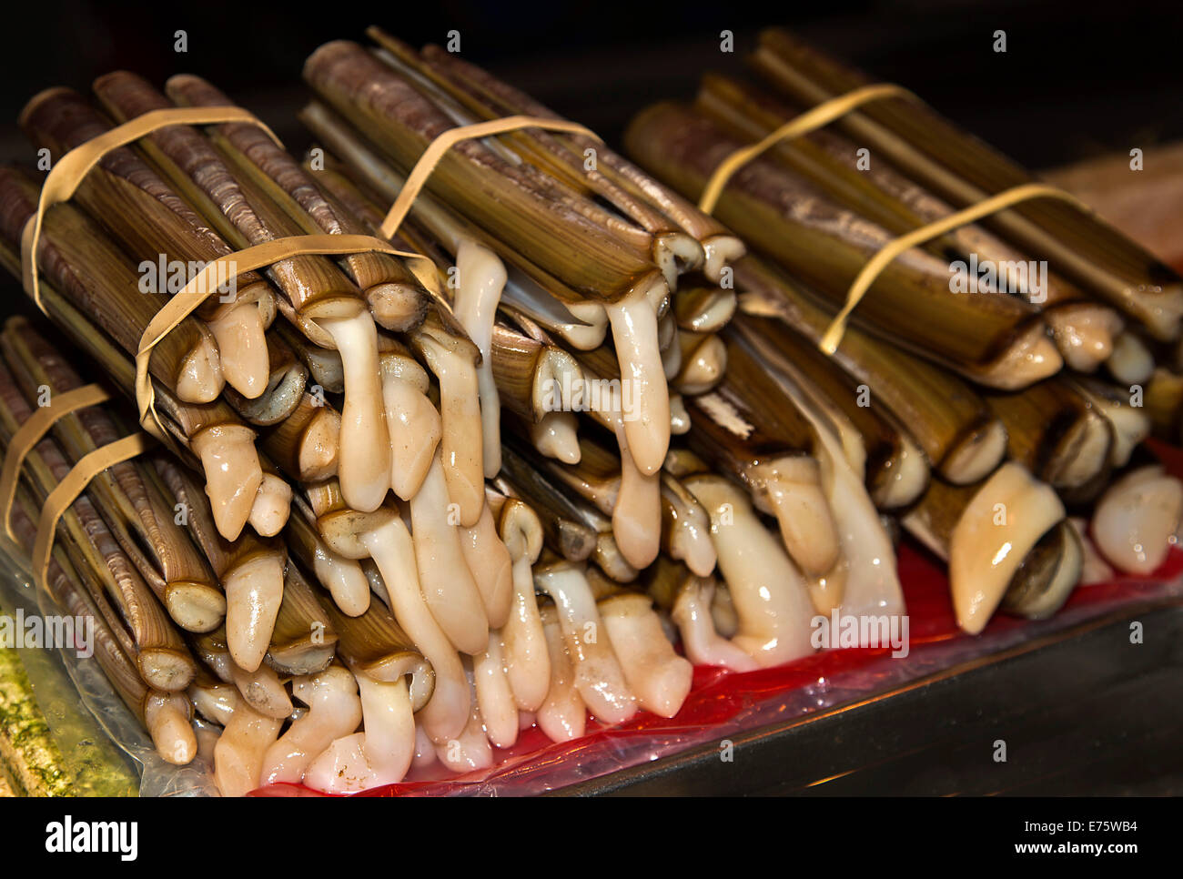 Schwert-Rasierer oder Messermuscheln (Ensis Siliqua) für Verkauf, Red Market, Macau, China Stockfoto