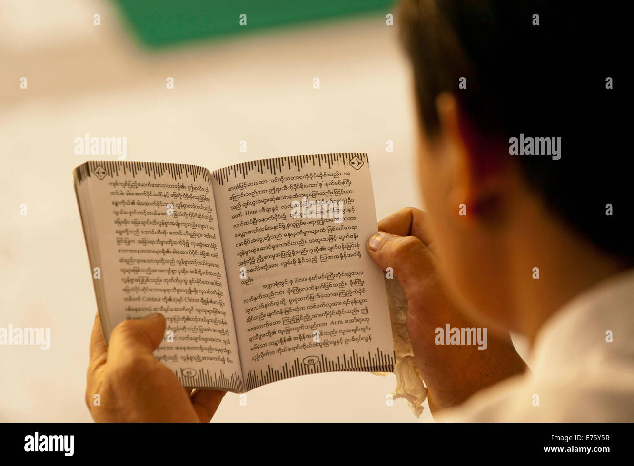 Frommer Buddhist Lesen der Heiligen Schrift, von hinten, Yangon, Myanmar Stockfoto