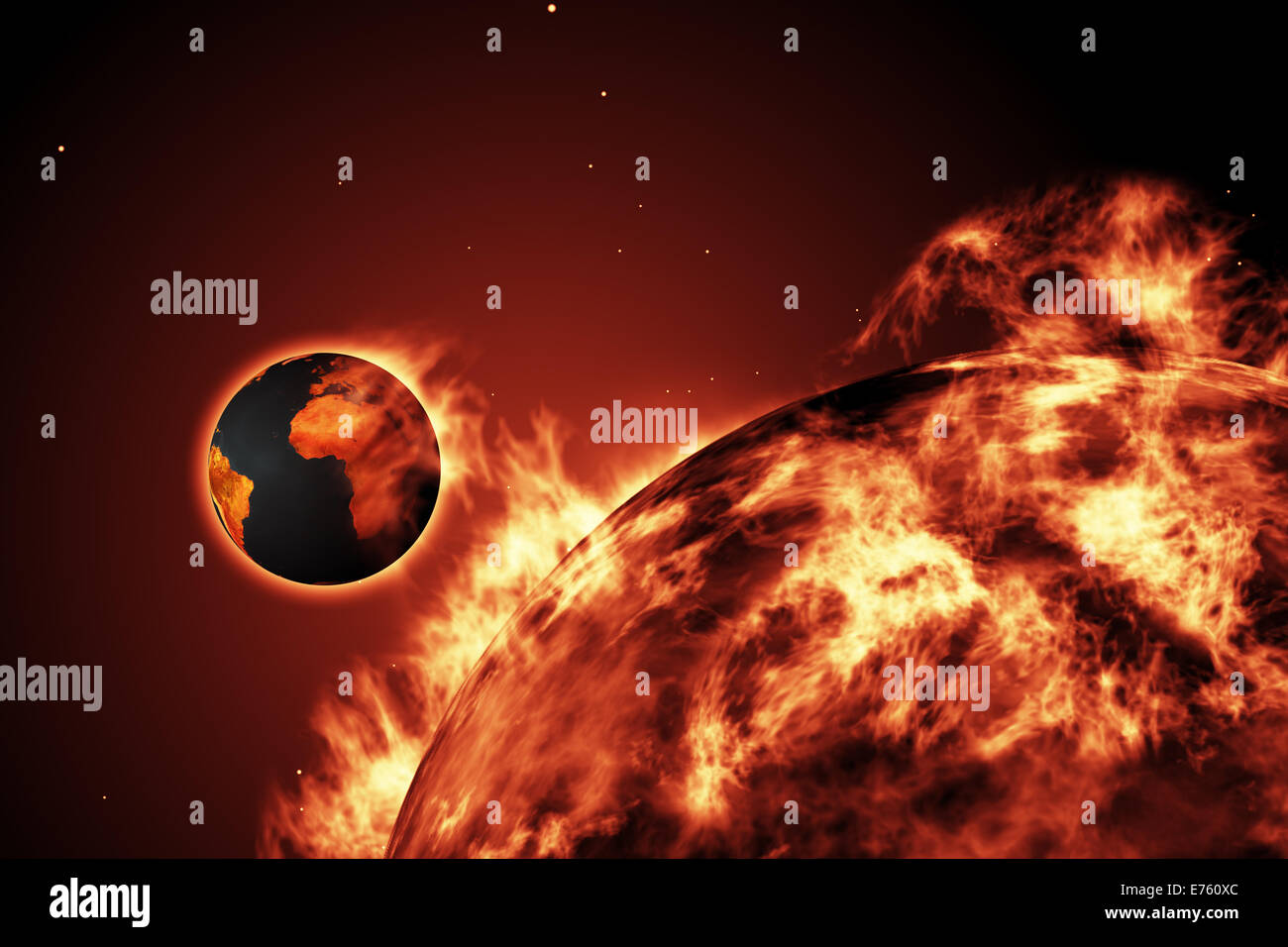 Großen Feuerball der Sonne mit der Erde Stockfoto