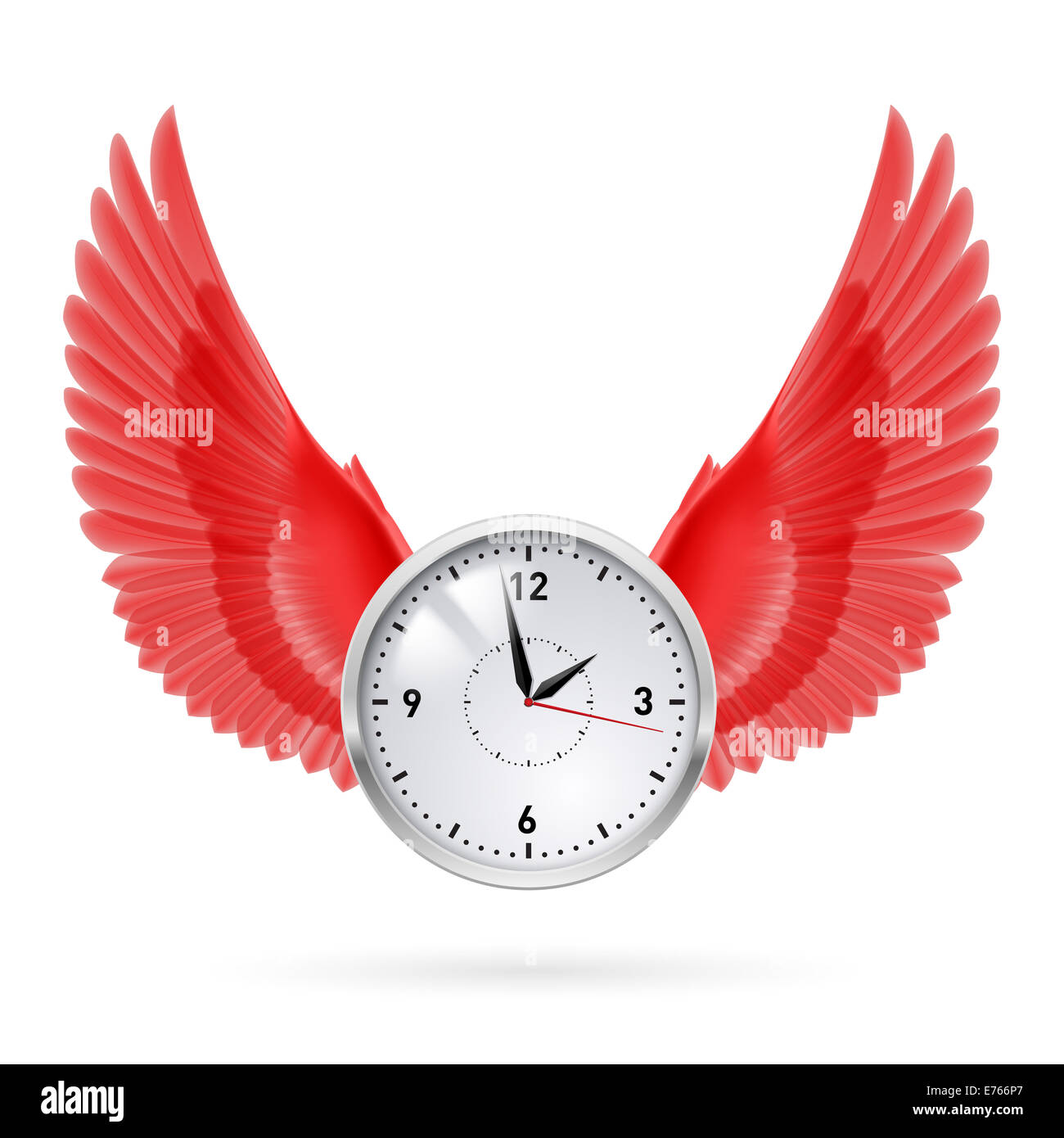 Uhr und roten Flügel. Zeit. Fliegen. Stunden. Stockfoto