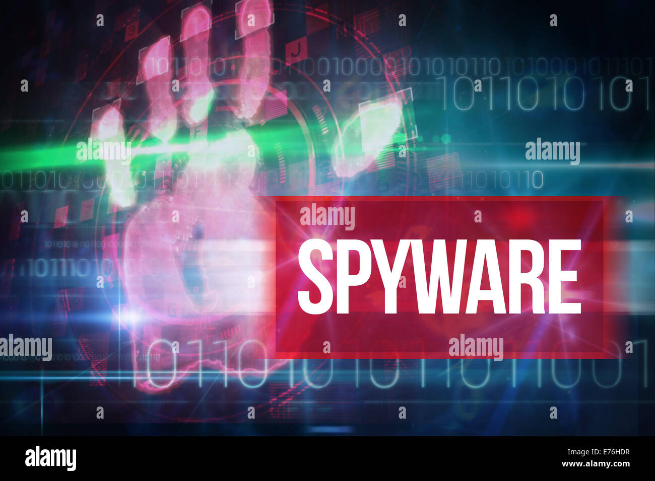 Spyware gegen blaue Technikgestaltung mit Binär-code Stockfoto