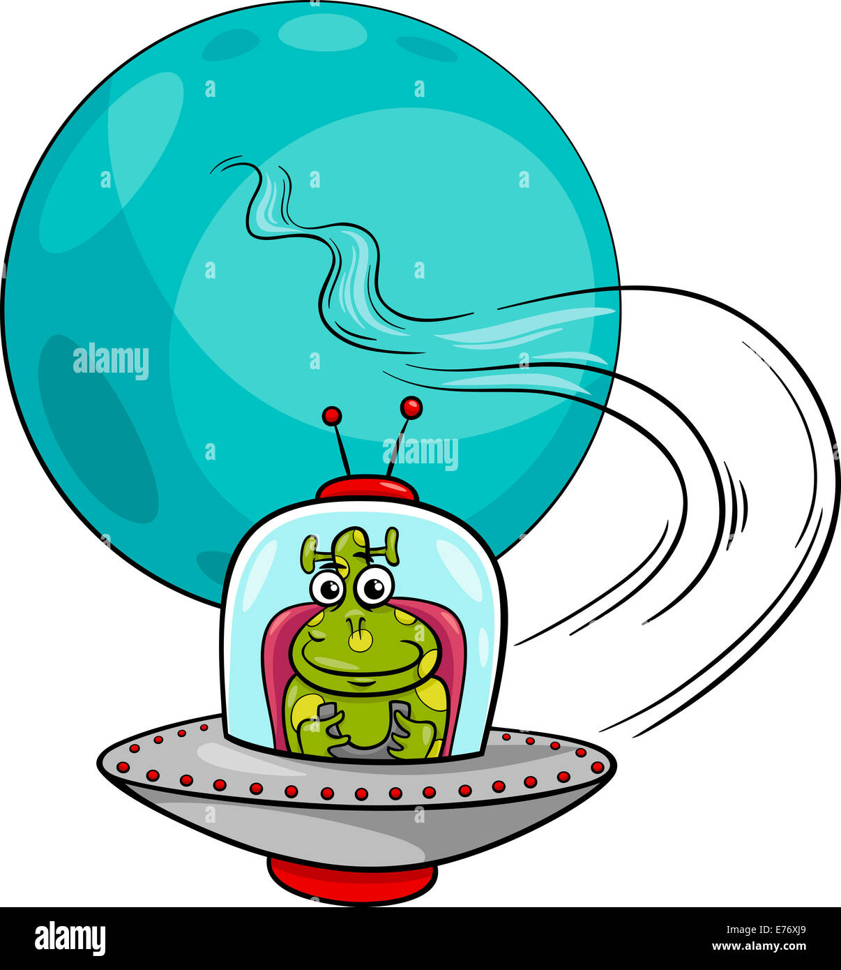 Cartoon-Illustration von lustigen Alien oder Martian Comicfigur in Ufo Raumschiff Stockfoto