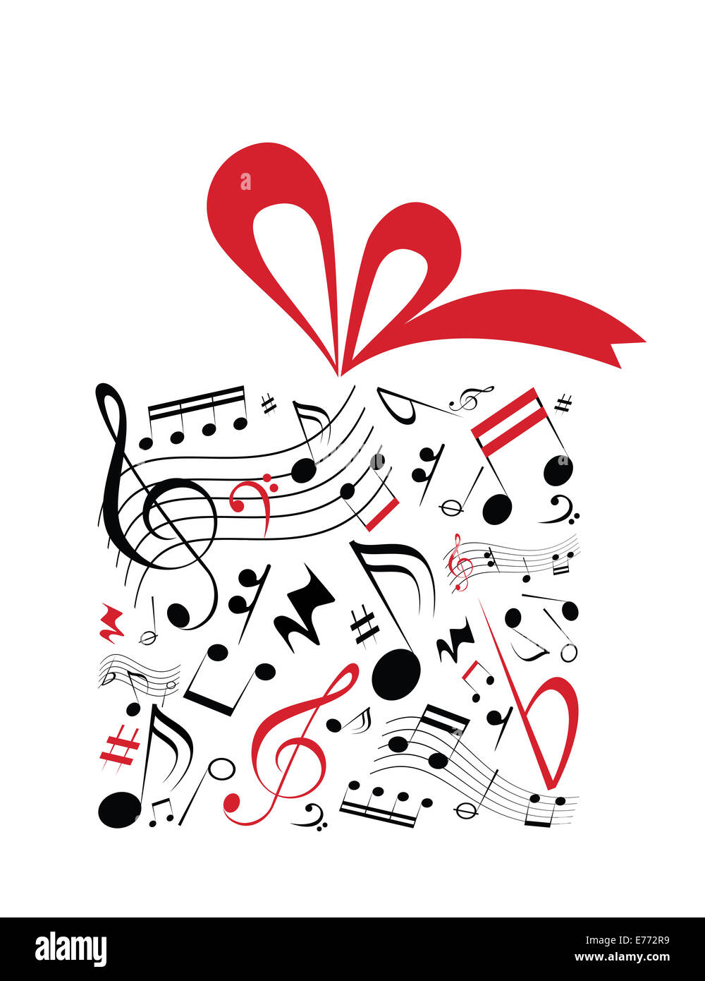 Musik-Konzept Vektor der Geschenk-Box mit rotem Band und voller Musik-Noten Stockfoto