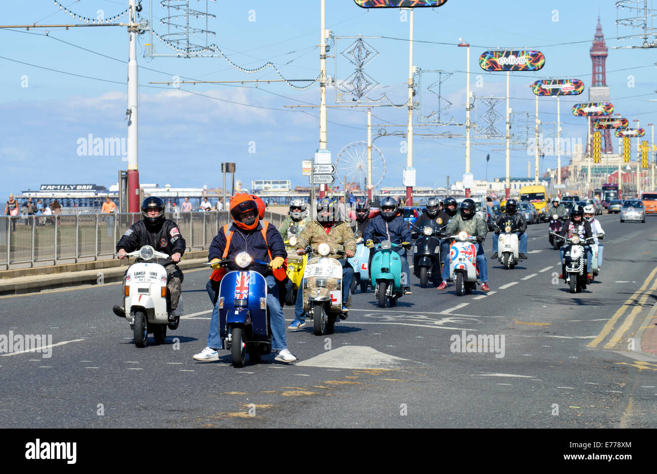 Große Gruppe von 'mods' auf Vespa Motorräder Kreuzfahrt auf dem Meer Straße neben der Promenade von Blackpool, Lancashire Stockfoto