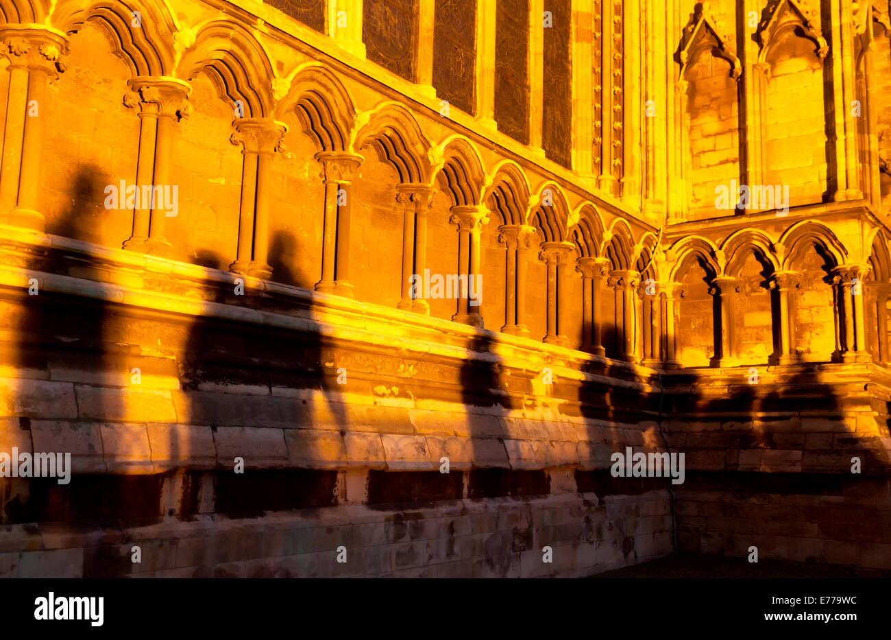 Schatten von Menschen, die zu Fuß vorbei an Lincoln Kathedrale bei Nacht auf die Ghost Tour, Lincoln, UK Stockfoto