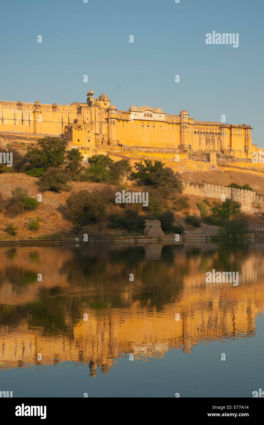 Amber Fort spiegelt sich in Maota See, Jaipur, Rajasthan, Indien. Stockfoto