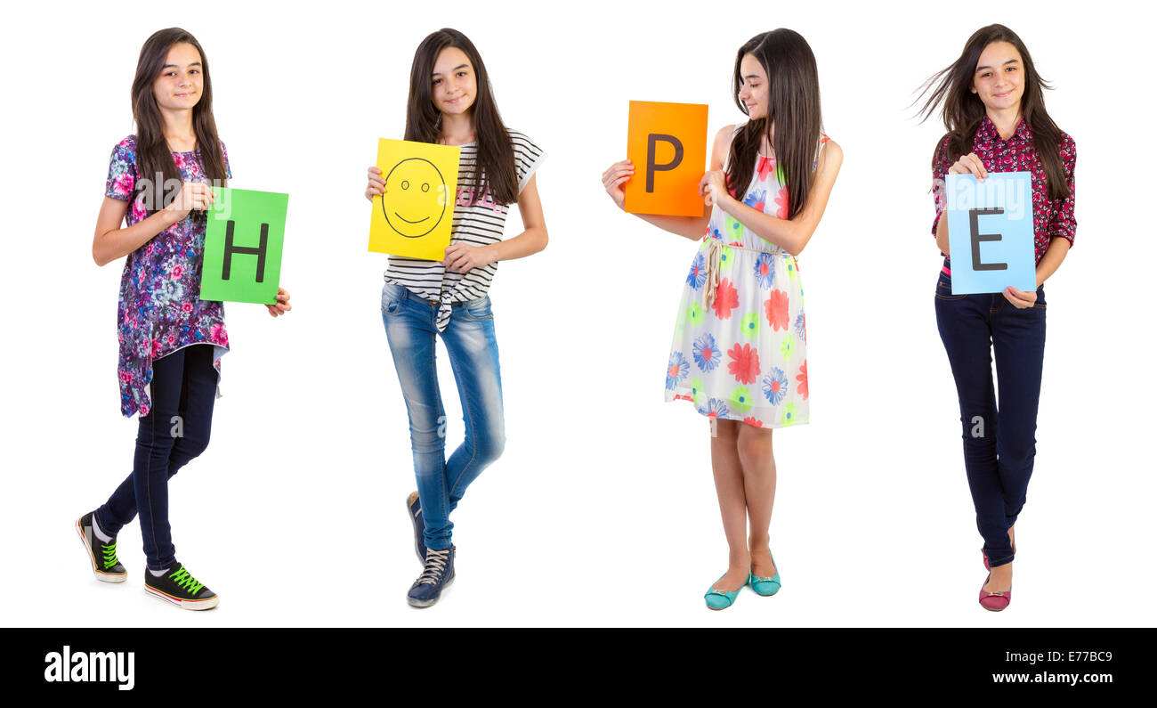 Teenager-Mädchen zeigen die Text Hoffnung auf dem Papier Stockfoto