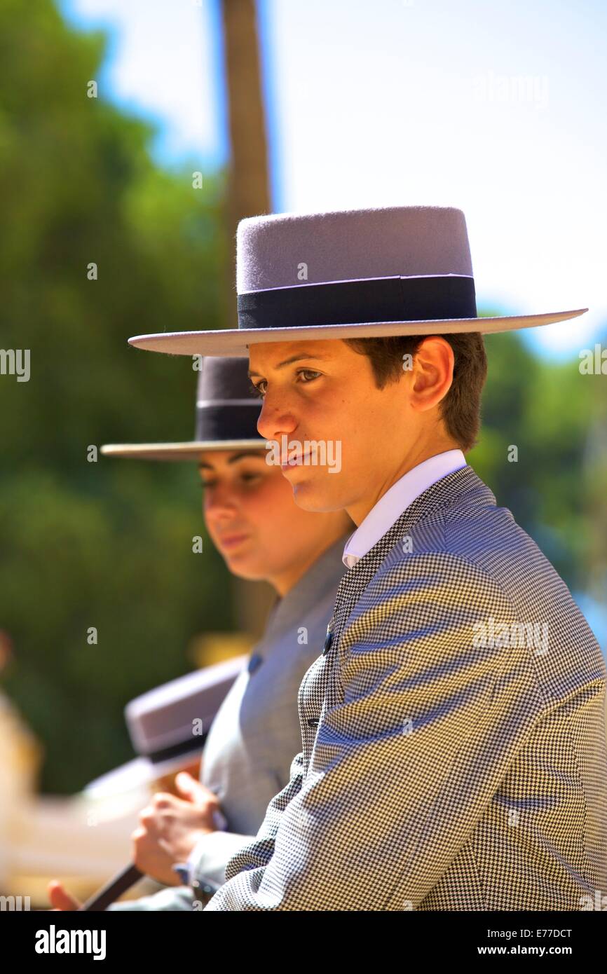 Mann In spanische Tracht, jährliche Pferdemesse, Jerez De La Frontera, Provinz Cadiz, Andalusien, Spanien, South West Europe Stockfoto