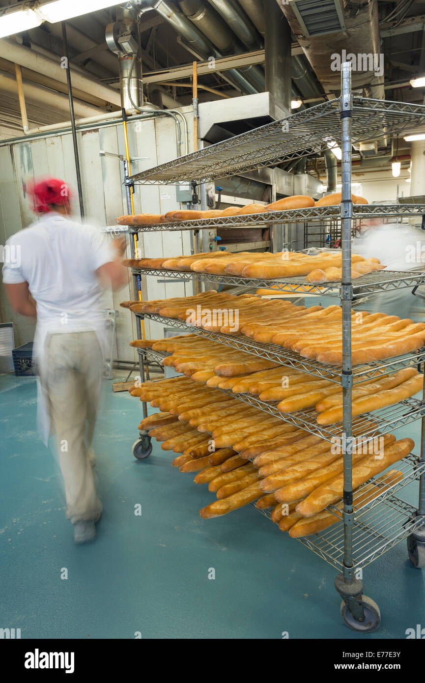 Mann ein Brot-Bäckerei Brot Rack einschieben Stockfoto