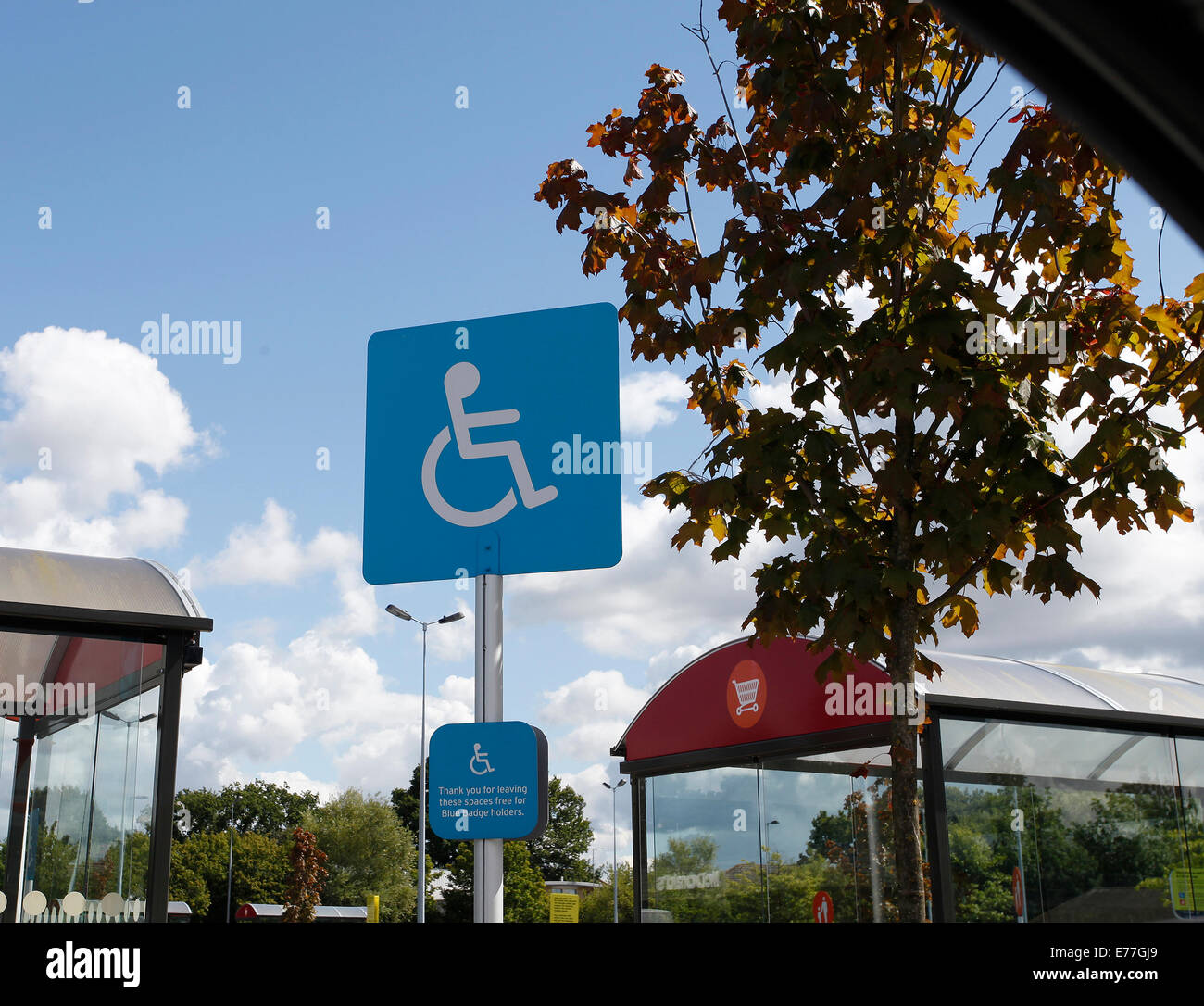 Blau deaktiviert Zeichen auf einem Supermarkt-Parkplatz Stockfoto