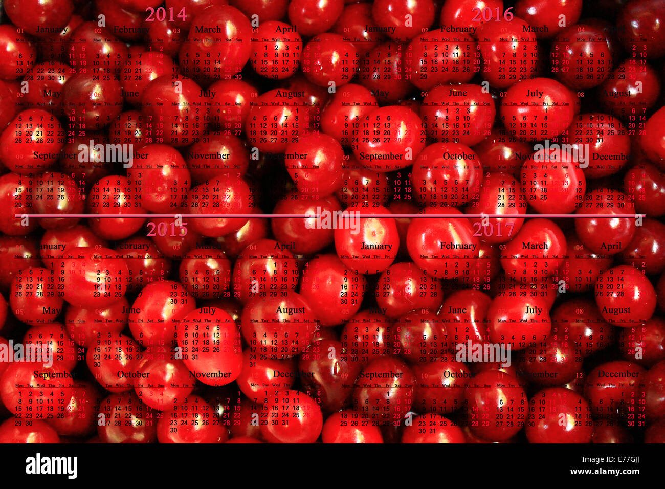 Bürokalender jahrelang 2014-2017 auf dem Hintergrund der Beeren von cherry Stockfoto