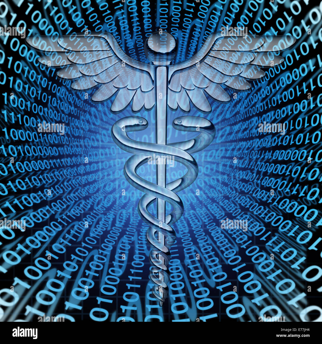 Medizinische Daten und die Zukunft des Gesundheitswesens Datenbanken Technologiekonzept als Hermesstab Medizin Symbol auf einem Hintergrund von binären Stockfoto