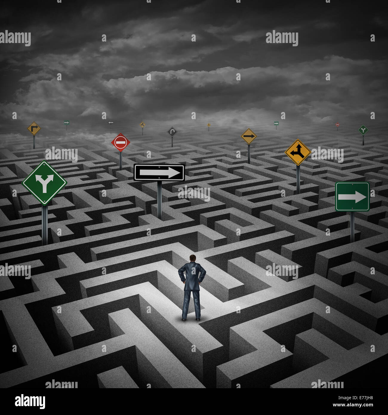 Strategiekonzept Krise als Geschäftsmann auf eine drei dimensionale Irrgarten oder Labyrinth mit verwirrenden Richtung Verkehrszeichen als Metapher für Schwierigkeiten im Geschäft und den Stress des täglichen Lebens stehen. Stockfoto