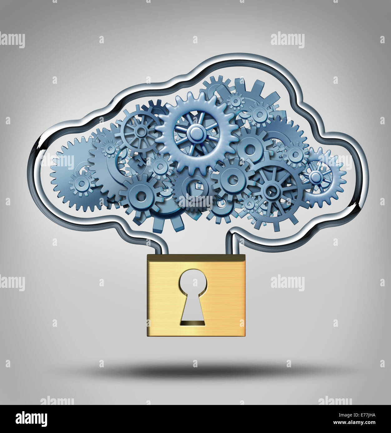 Cloud Security-Konzept und Internet Daten Schutzsymbol als ein dreidimensionales sperren bietet Schutz für eine Gruppe von Zahnrädern Stockfoto