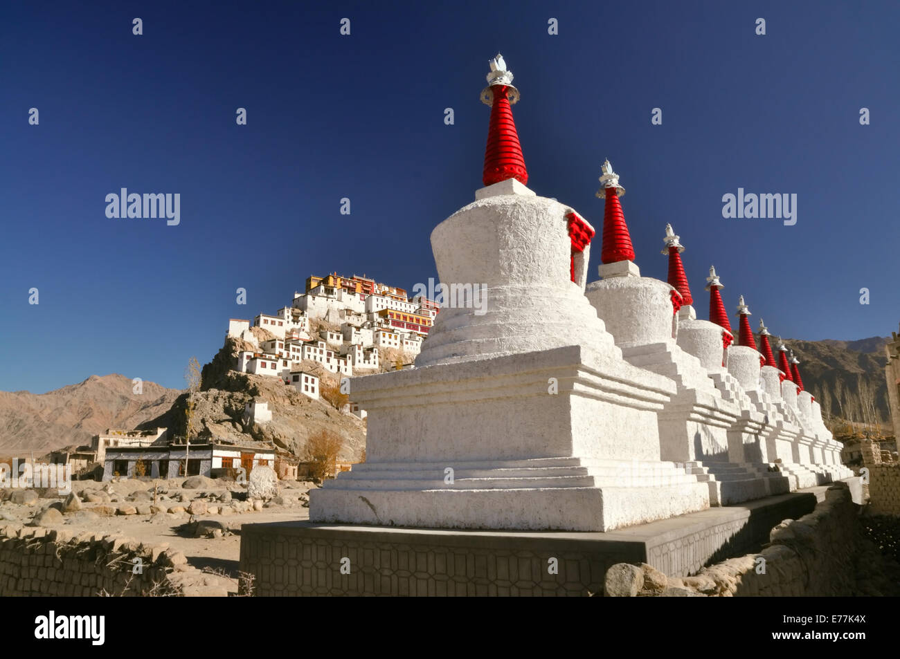 Herrliche Sicht auf den sonnenbeschienenen Thikse Kloster in Ladakh, Indien Stockfoto
