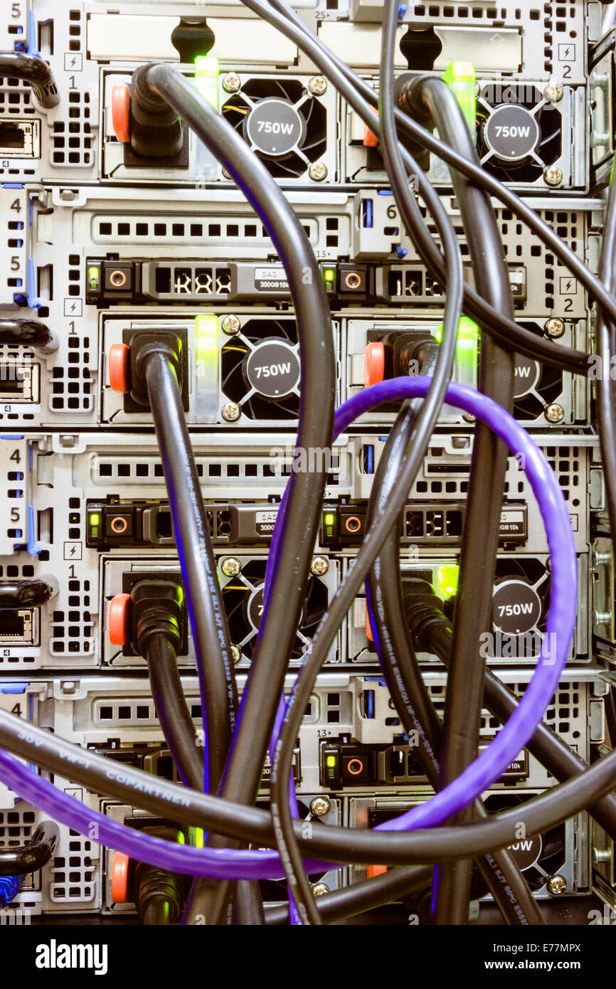 Gewirr von Strom- und Ethernet-Kabel an der Rückseite des einen Computer-Server-Rechner in einem Rechenzentrum angeschlossen Stockfoto