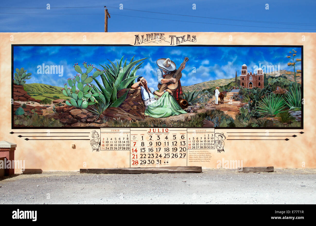 Entdecken Sie die alpenländische Kalenderkunst im mexikanischen Stil, die lebendige Farben und traditionelle Motive vereint, die das reiche kulturelle Erbe zelebrieren. Stockfoto