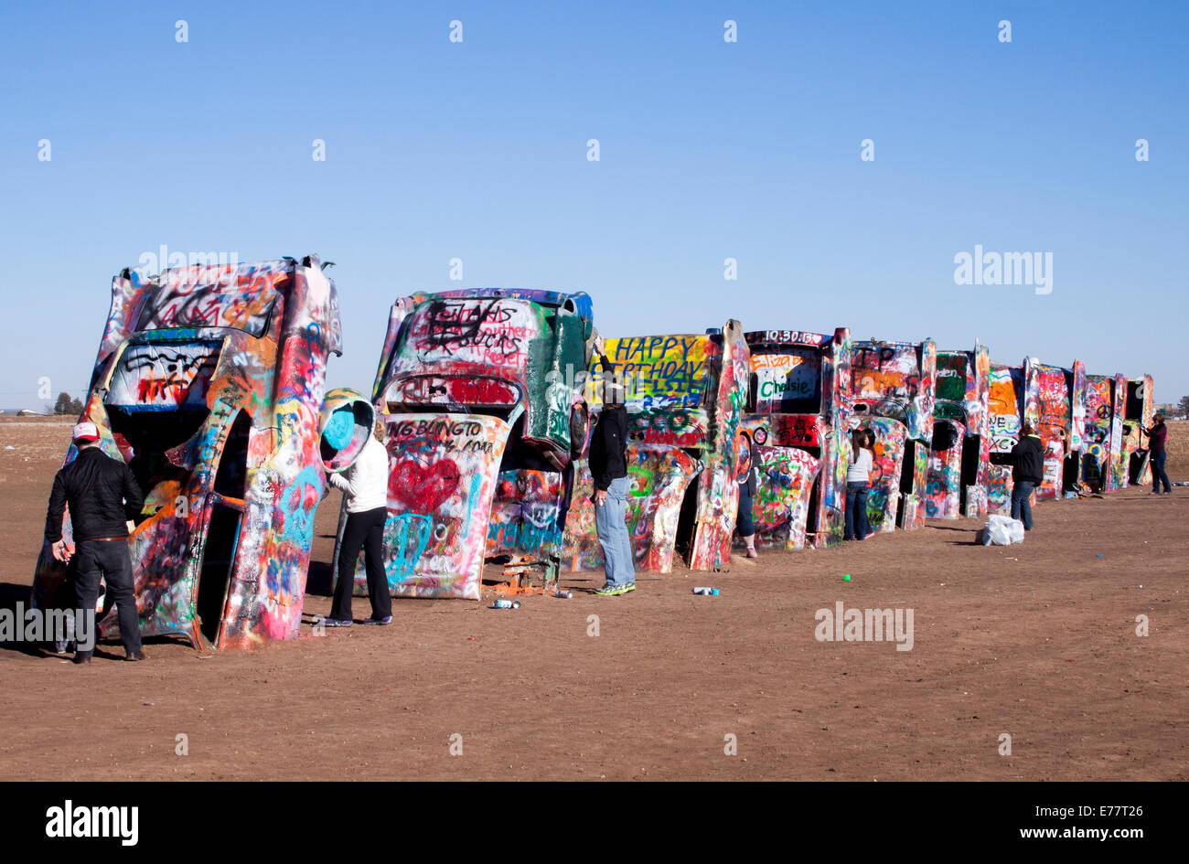 Die Cadillac Ranch Installation auf der Route 66 in der Nähe von Amarillo Texas Stockfoto