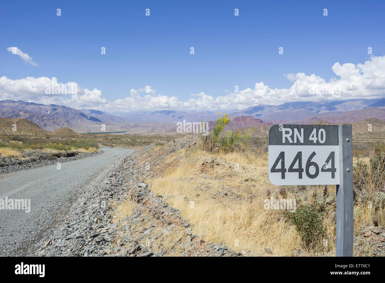 Zeichen mit der Straße Name auf der Ruta Nacional 40, Ruta 40 oder Rn40 mit kilometer Marker, in der Nähe von Salta, Argentinien Stockfoto