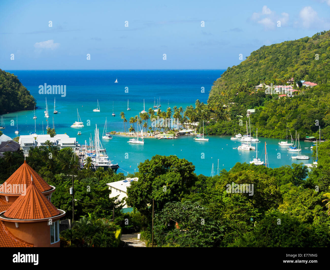 Ansicht von Marigot Bay mit Yachten, Castries, St. Lucia Insel, kleine Antillen, Windward Islands, St. Lucia Stockfoto