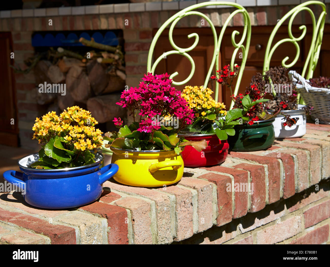 bunte Blumen auf Gartenmauer in bunten Emaille Aufläufe Stockfoto