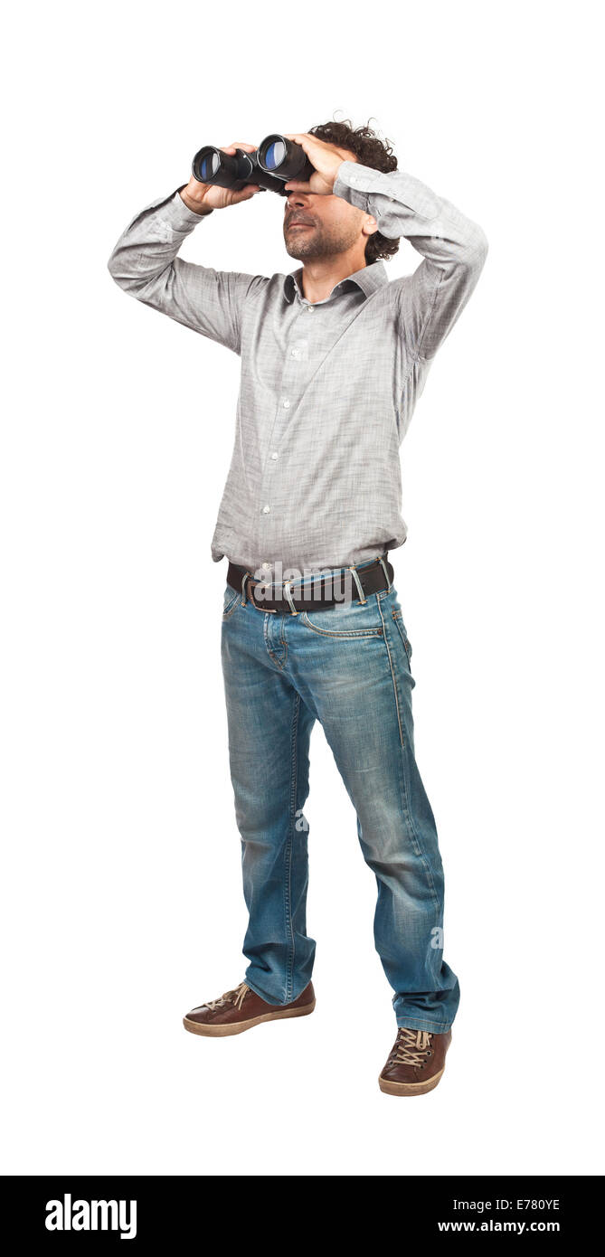 Mann mit dem Fernglas isoliert auf weißem Hintergrund Stockfoto