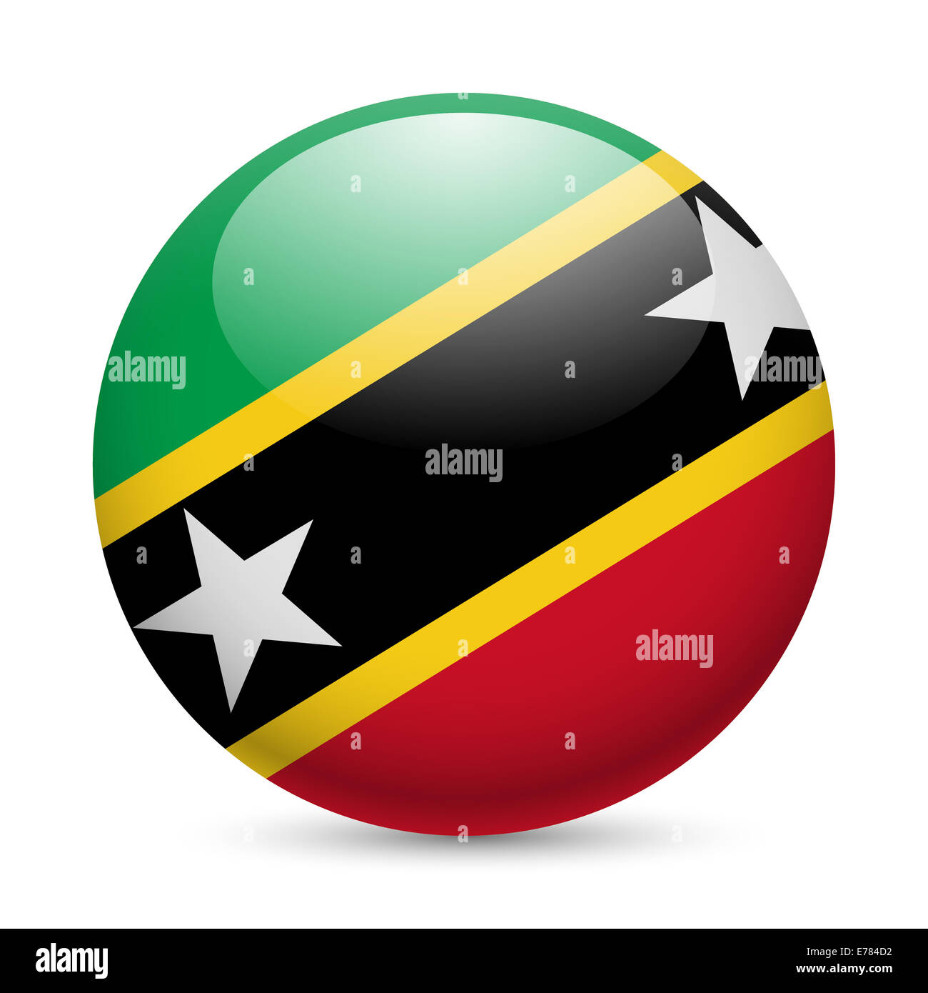 Flagge der Föderation St. Kitts und Nevis als runde glänzende Symbol. Schaltfläche mit Flaggendesign Stockfoto