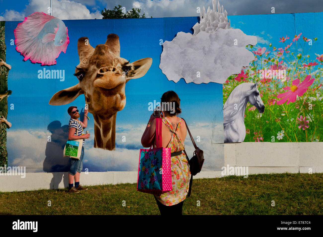 Glastonbury Festival 2014. Mit einer Giraffe an den sich entwickelnden grafischen Wänden von Link Freizeit fotografiert Stockfoto