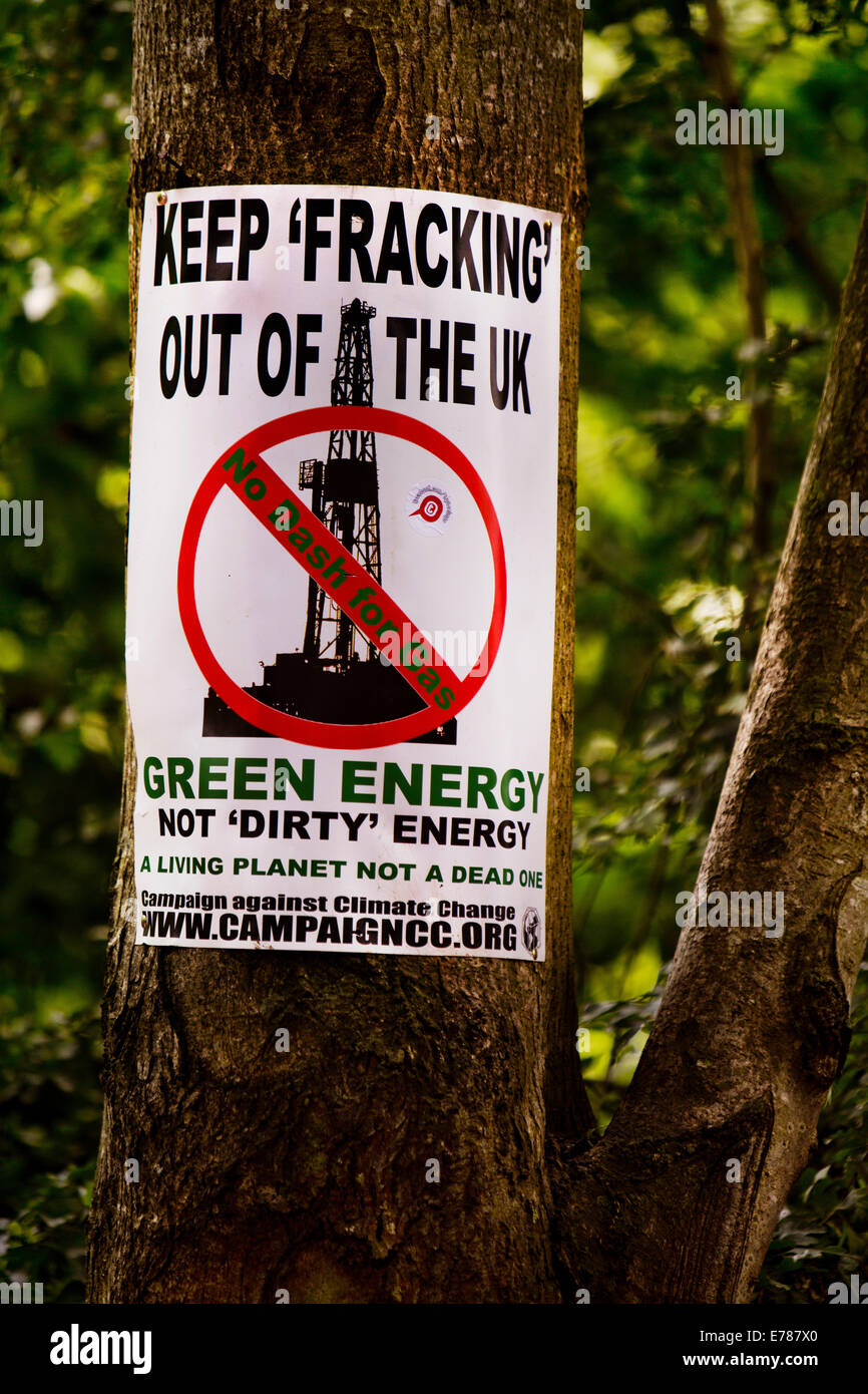 Anti-Fracking-Plakat an einem Baum in Glastonbury. Glastonbury Festival 2014 Stockfoto