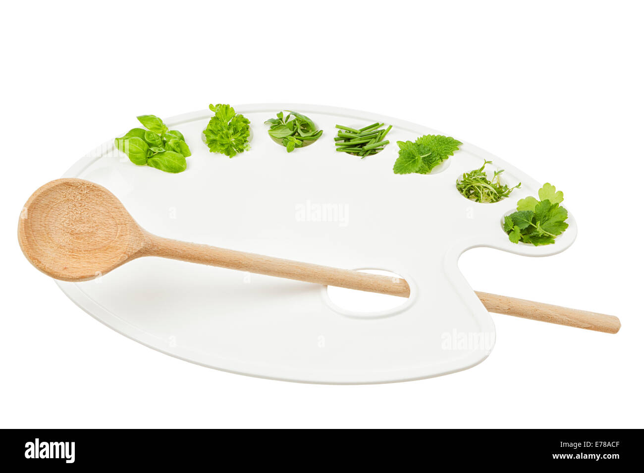 Vielzahl von Kräutern auf Palette des Künstlers mit einem Holzlöffel isoliert Stockfoto