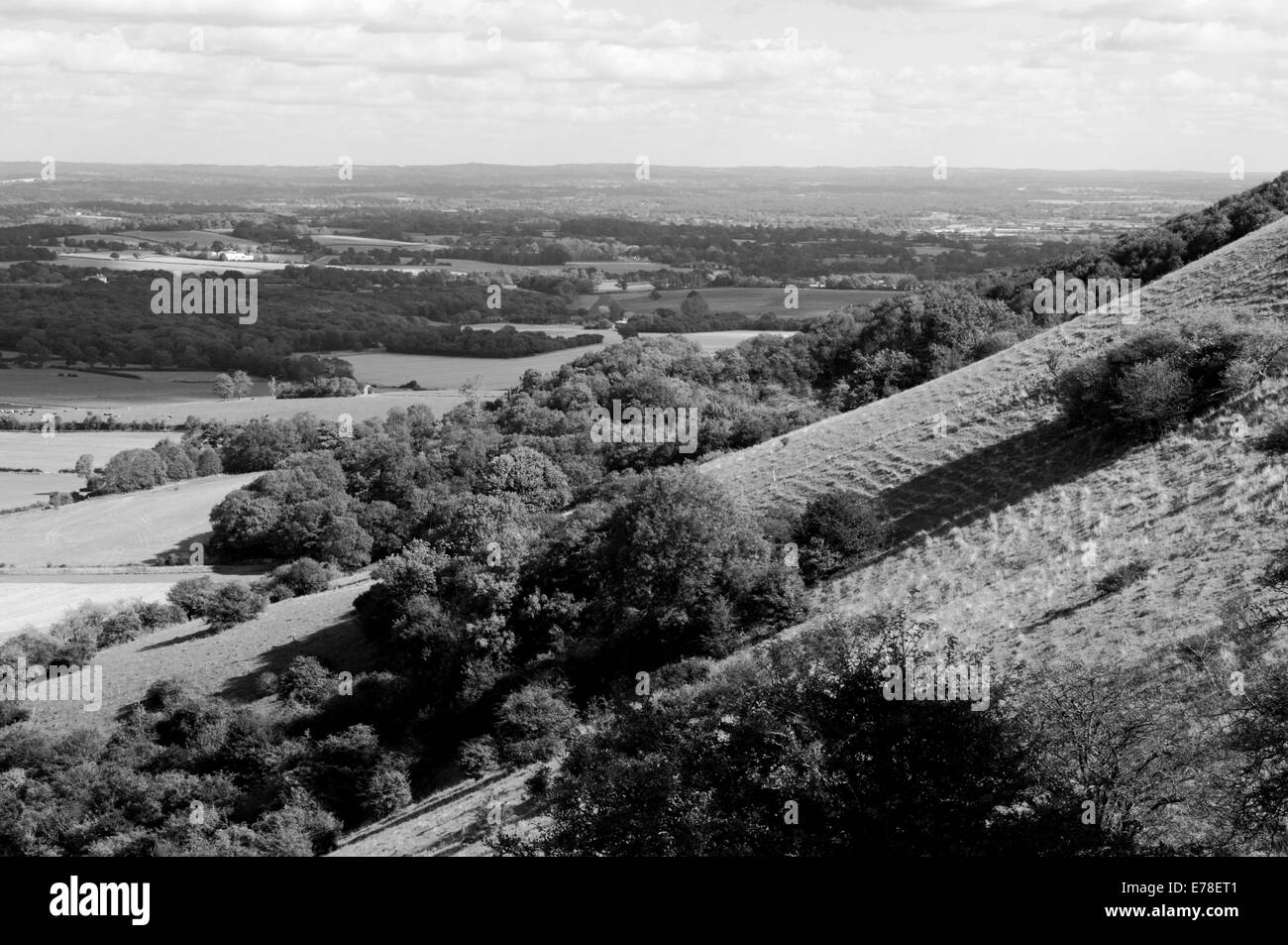 Schwarz / weiß gedreht von Plumpton Höhen mit Blick auf die offene weite der Weald Stockfoto