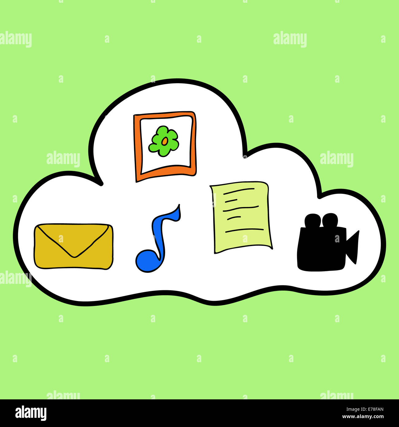 Cloud-computing im bunten Doodle-Stil Stockfoto